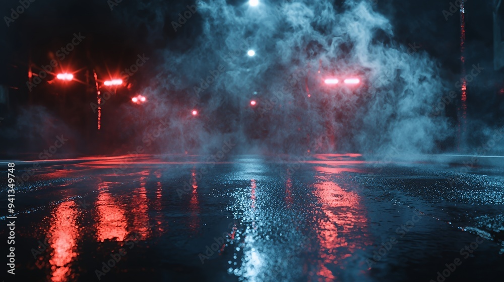 A dark, moody street scene with reflections and fog, creating a mysterious atmosphere. A dark, moody street scene with reflections and fog, creating a mysterious atmosphere.