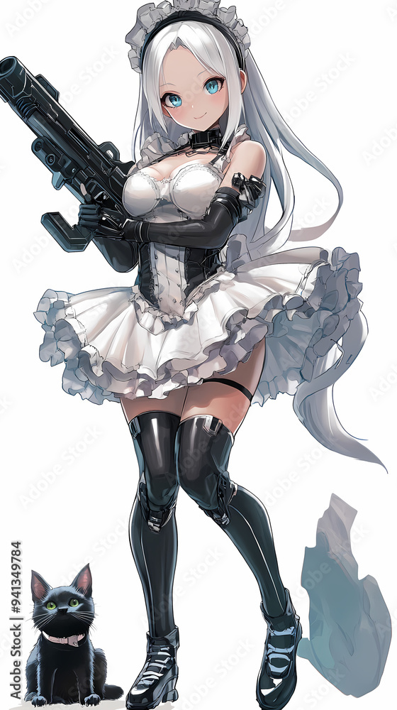 Anime Cyborg Girl with Black Cat and Machine Gun in Futuristic Art Style Anime Cyborg Girl with Black Cat and Machine Gun in Futuristic Art Style