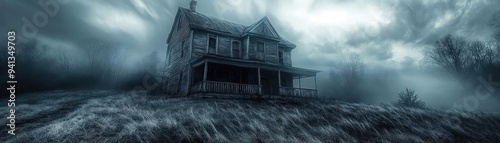 An eerie, abandoned house stands alone amidst dark clouds and mist, evoking a sense of mystery and suspense.