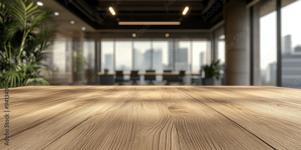 3D rendering of an empty wooden table space platform with a blurred office or meeting room background for product display montage 3D rendering of an empty wooden table space platform with a blurred office or meeting room background for product display montage
