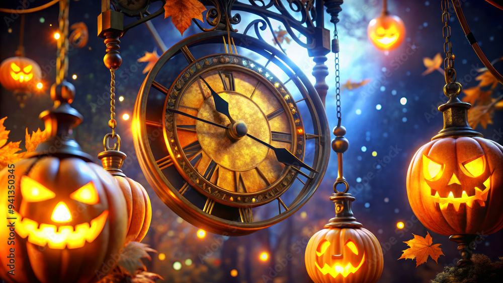Fototapeta premium Halloween Clock With Jack-O-Lantern Lights