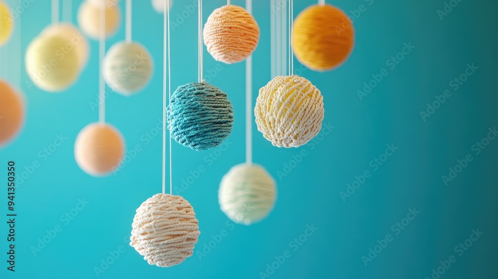 3D rendering of a handmade multicolor baby crib mobile featuring rattan balls on a turquoise background 3D rendering of a handmade multicolor baby crib mobile featuring rattan balls on a turquoise background