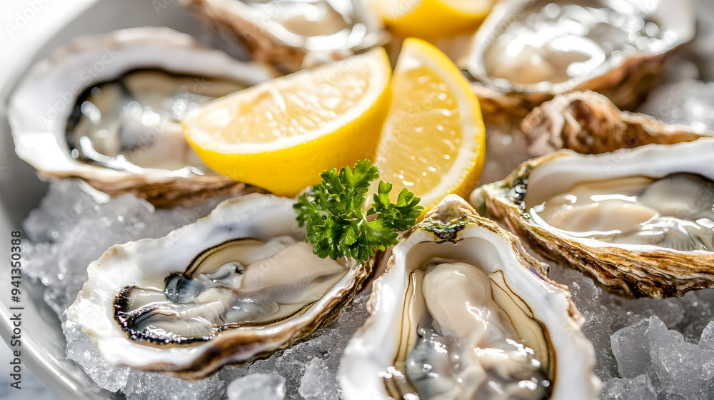 A plate of fresh oysters served on ice with lemon wedges A plate of fresh oysters served on ice with lemon wedges