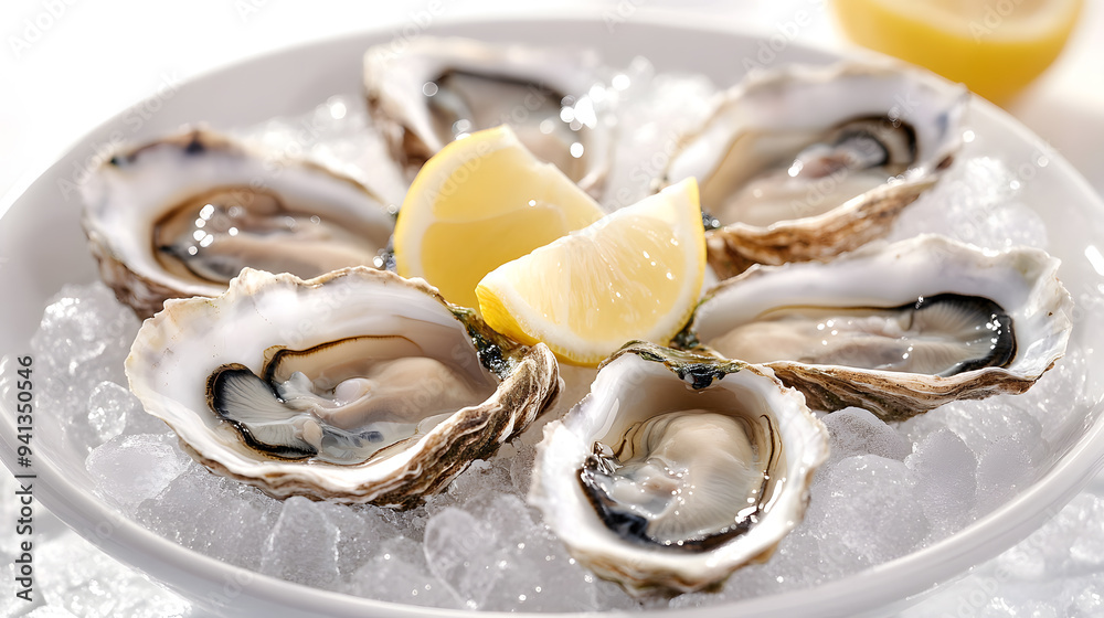 A plate of fresh oysters served on ice with lemon wedges A plate of fresh oysters served on ice with lemon wedges