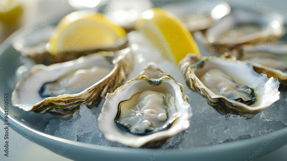 A plate of fresh oysters served on ice with lemon wedges