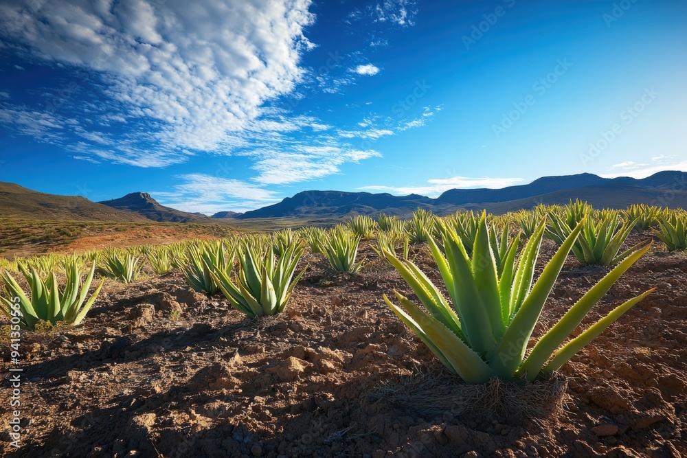 Aloe Plants Thriving in Desert Landscape with Distant Mountains Aloe Plants Thriving in Desert Landscape with Distant Mountains