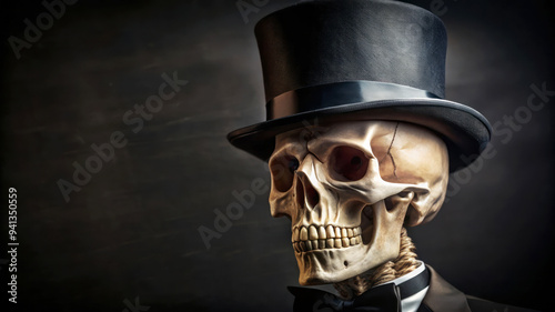 Skeleton In A Top Hat And Bow Tie.  Spooky Halloween Image. photo