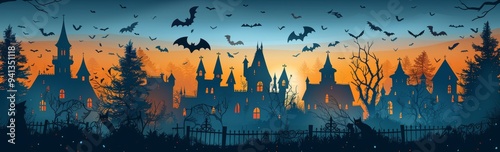 Haunted Halloween landscape. Abstract colorful background wallpaper. Spooky castle or house at full moon at night. Bats in the sky over a dark forest. Happy Halloween!