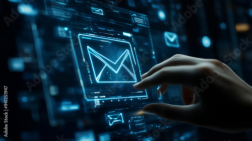 new email notification concept for business e-mail communication and digital marketing. inbox receive electronic message alert. business people's hand touch on email in virtual screen, internet techno