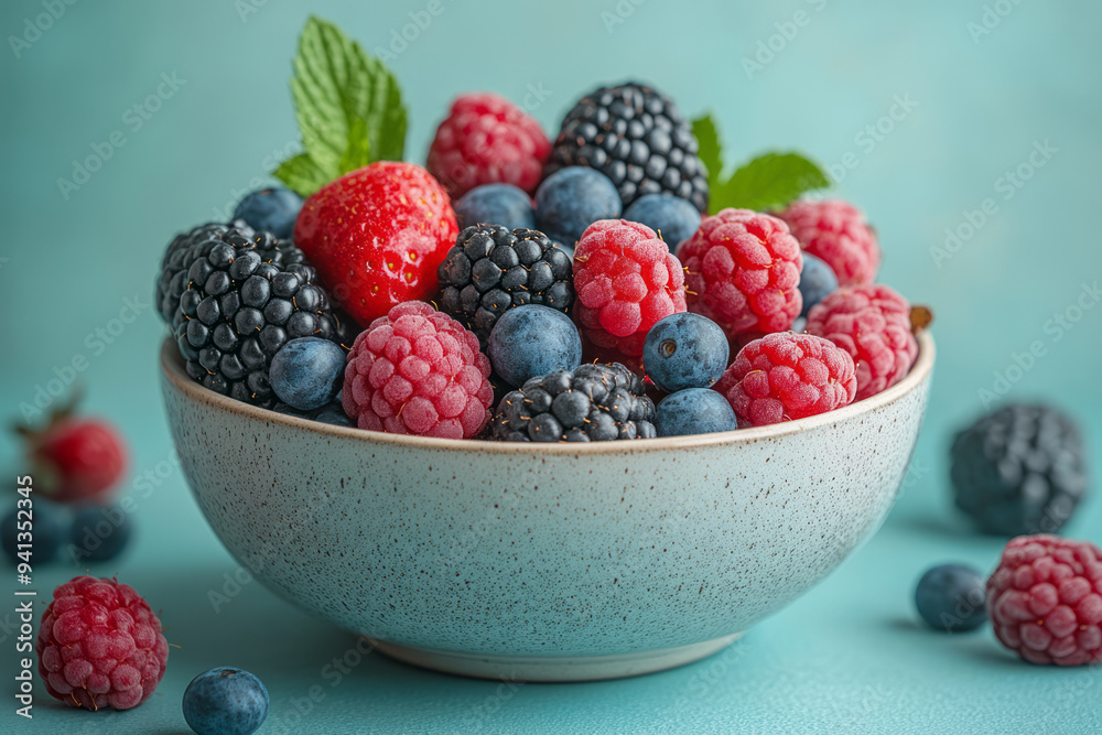 A fresh bowl of mixed berries, isolated on a pastel mint background, symbolizing antioxidants and detoxification, A fresh bowl of mixed berries, isolated on a pastel mint background, symbolizing antioxidants and detoxification,
