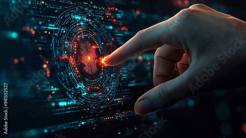 A hand pressing a fingerprint scanner on a touchscreen device, with a digital lock and key symbol in the background