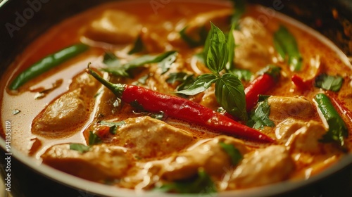 A detailed shot of Thai Red Curry with vegetables and chicken, featuring the rich, creamy sauce and aromatic herbs.