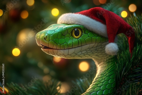 In the background is a snake wearing a Santa Claus hat, symbolizing the New Year of 2025.