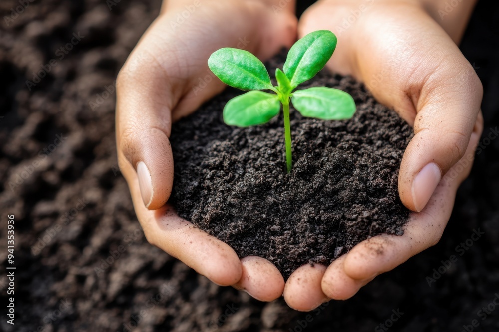 Hands Holding Soil with Growing Green Sprout Hands Holding Soil with Growing Green Sprout