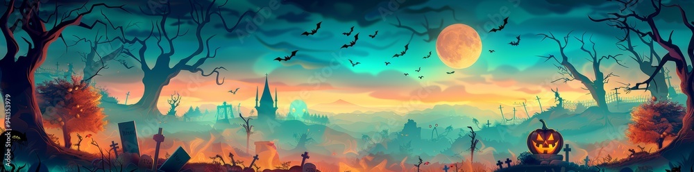 Dark, haunted Halloween forest landscape with bats in the sky at full moon at night. Spooky Halloween wallpaper background illustration. Dark, haunted Halloween forest landscape with bats in the sky at full moon at night. Spooky Halloween wallpaper background illustration.