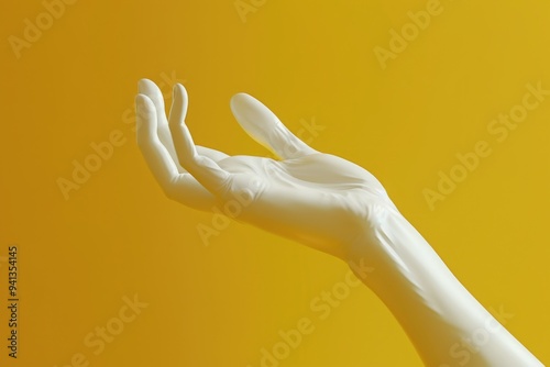 A white mannequin hand holds an object in the air, suitable for use as a prop or in a still life composition photo