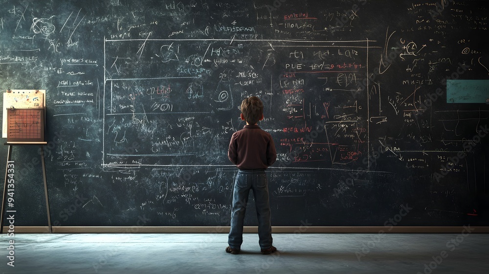 A young boy stands in front of a large chalkboard filled with complex mathematical equations and diagrams, symbolizing learning and curiosity. A young boy stands in front of a large chalkboard filled with complex mathematical equations and diagrams, symbolizing learning and curiosity.