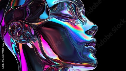 Female head in holographic fluid futuristic style, chrome reflection, black background, high resolution