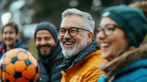 Middle-aged friends immersed in a competitive sports game, their expressions filled with concentration and enjoyment.