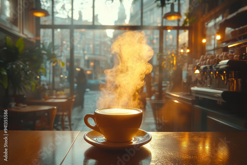 A luxurious cafÃ© scene with a focus on a cup of, steam rising and creating an atmosphere of exclusivity and indulgence,