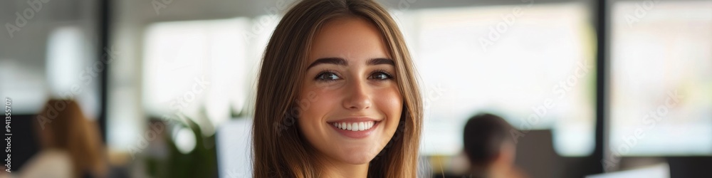 Confident and Beautiful Businesswoman Smiling at Camera in Modern Office: Professional Portrait for Corporate Marketing, Website Templates, and Promotional Campaigns. Elegant Composition with Copy Spa Confident and Beautiful Businesswoman Smiling at Camera in Modern Office: Professional Portrait for Corporate Marketing, Website Templates, and Promotional Campaigns. Elegant Composition with Copy Spa