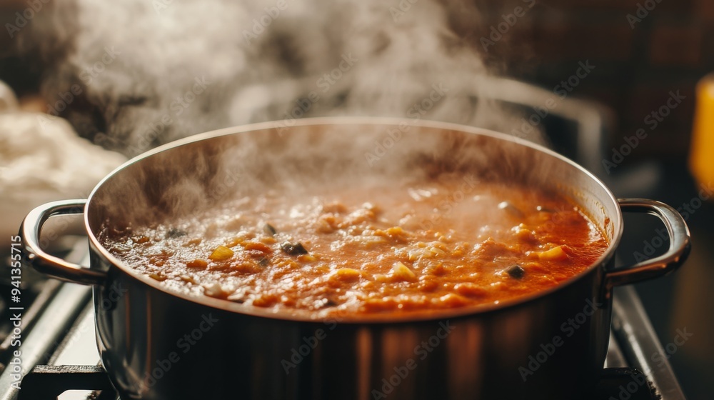 A detailed view of a simmering pot of soup or sauce on the stove, with steam rising and ingredients clearly visible in the pot. A detailed view of a simmering pot of soup or sauce on the stove, with steam rising and ingredients clearly visible in the pot.