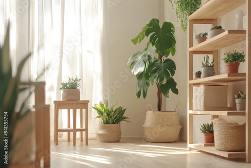 Minimalist Interior with Wooden Shelving and Potted Plants
