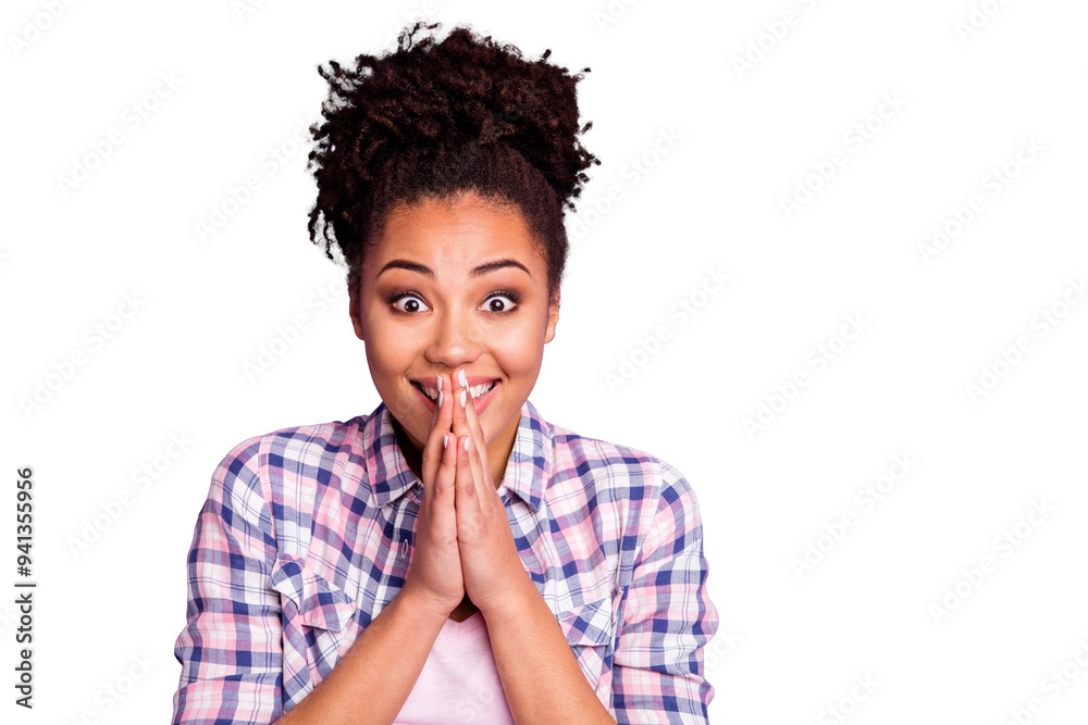 Close up photo of content funny funky millennial make religion gesture spiritual plead want wait expect inspired candid she wear plaid outfit top-knot isolated on purple background Close up photo of content funny funky millennial make religion gesture spiritual plead want wait expect inspired candid she wear plaid outfit top-knot isolated on purple background