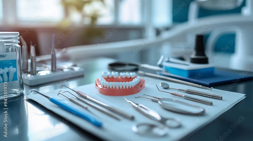 Assortment of dental tools, dentures, and a toothbrush lie on a table in a contemporary dental clinic, ready for use. Assortment of dental tools, dentures, and a toothbrush lie on a table in a contemporary dental clinic, ready for use.