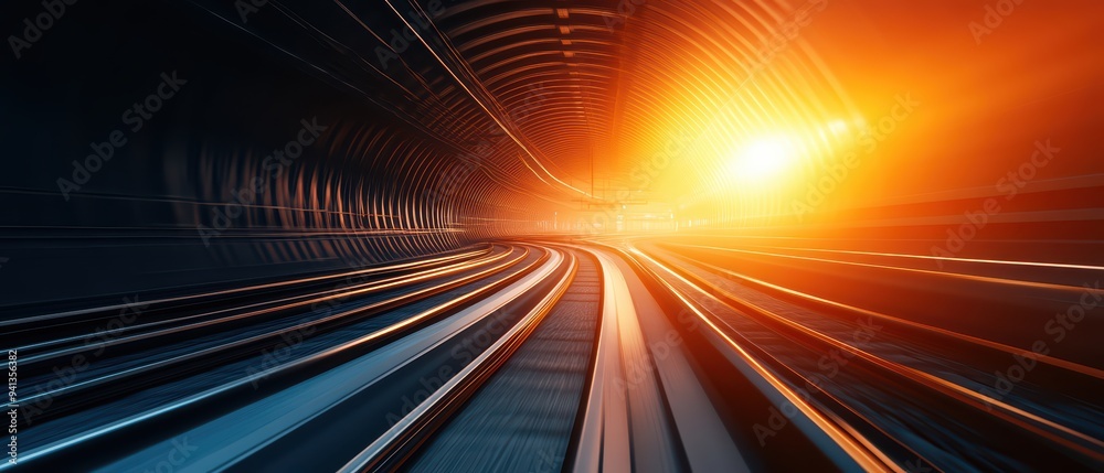 A dynamic view of a tunnel with glowing light and smooth track curves, conveying speed and motion in a futuristic setting. A dynamic view of a tunnel with glowing light and smooth track curves, conveying speed and motion in a futuristic setting.