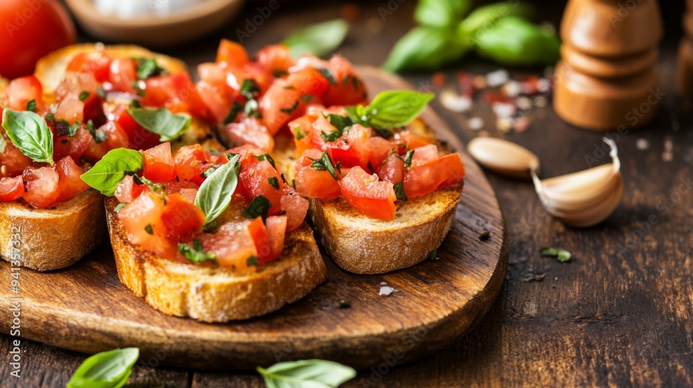 A detailed view of Italian bruschetta with toasted bread, fresh tomato, garlic, and basil, beautifully arranged on a wooden board. A detailed view of Italian bruschetta with toasted bread, fresh tomato, garlic, and basil, beautifully arranged on a wooden board.