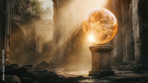 A glowing orb rests on a stone pedestal in an ancient ruin, illuminated by heavenly rays, evoking a sense of mystery and wonder.