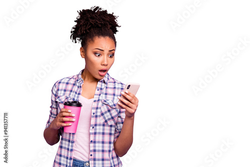 Portrait scared beautiful student afraid impressed astonished horrible information read use device rest relax weekend smm hold hand mug beverage trendy stylish plaid shirts isolated purple background