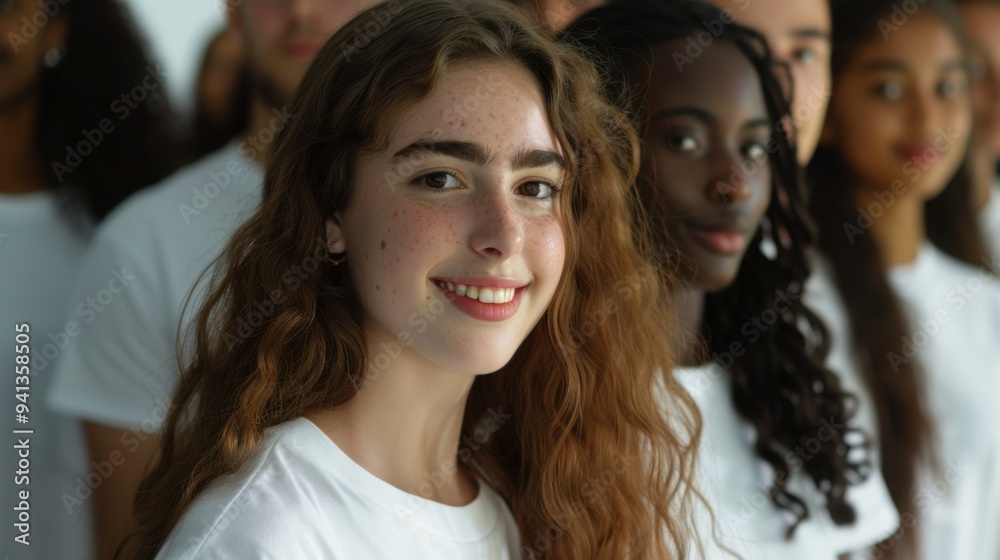 Fototapeta premium Diverse Group of Young Adults in Casual White T-Shirts Smiling Together - Community and Inclusivity Concept. Generative ai