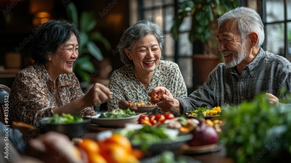 Older adults sharing a healthy meal and discussing nutrition, emphasizing the focus on wellness and mutual care in communal living. Older adults sharing a healthy meal and discussing nutrition, emphasizing the focus on wellness and mutual care in communal living.