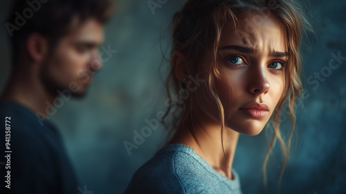 A woman with a sorrowful expression in focus while a blurred man stands in the background, symbolizing emotional distance and unresolved tension. photo