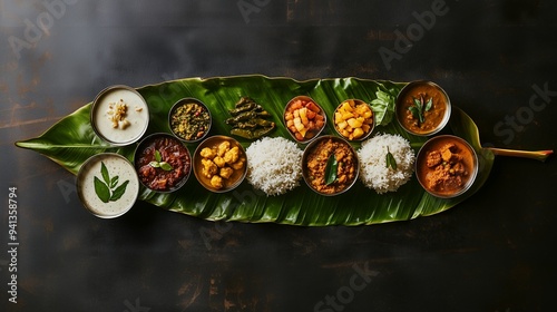A traditional Indian meal served on a banana leaf, featuring various dishes and rice.