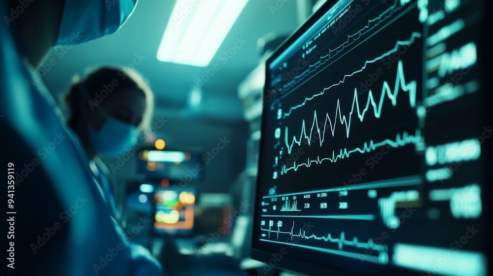 A digital screen showing a fluctuating heart rate line, with a healthcare professional in the background monitoring the data. A digital screen showing a fluctuating heart rate line, with a healthcare professional in the background monitoring the data.