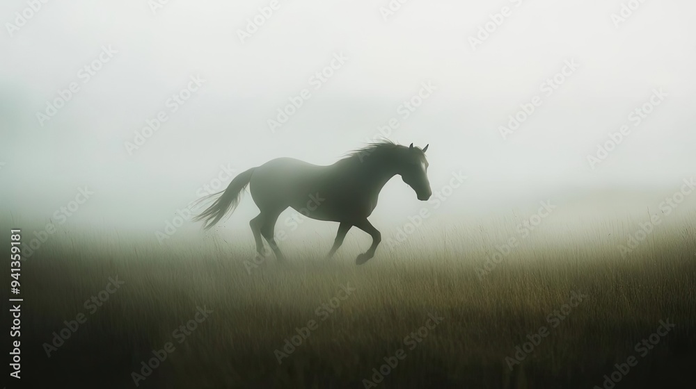 Fototapeta premium A majestic horse running through a misty field, capturing the essence of freedom and tranquility in a serene landscape.