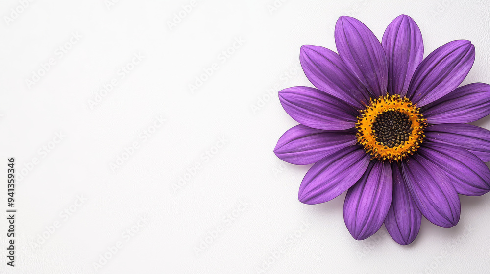Fototapeta premium A vibrant purple flower with striking yellow center, symbolizing beauty and tranquility. Its petals radiate freshness and joy.