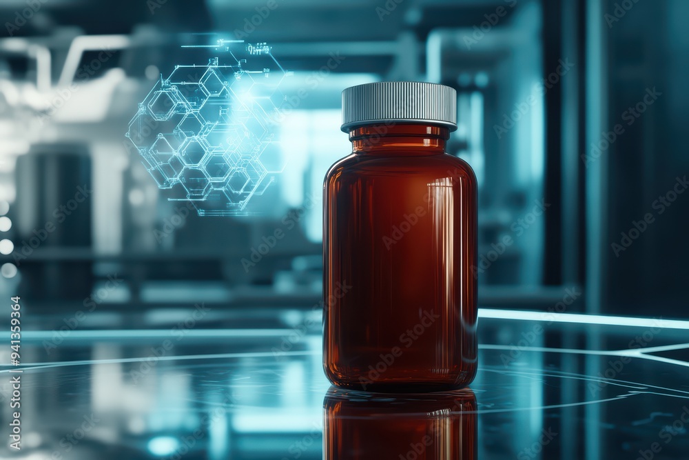 A modern amber bottle placed on a futuristic table, showcasing innovative technology in a laboratory setting. A modern amber bottle placed on a futuristic table, showcasing innovative technology in a laboratory setting.
