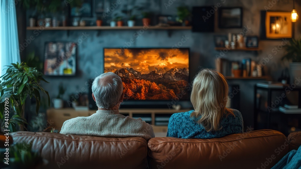Older couple streaming a movie on their smart TV, enjoying the latest entertainment options together in their cozy living room.