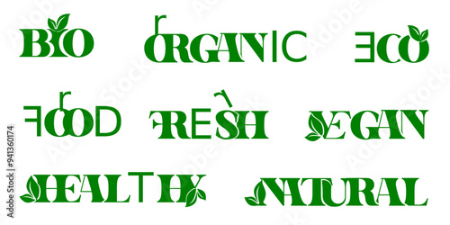 Modern Bio Natural Organic Labels icons Set. Bio Healthy foods illustration background.

