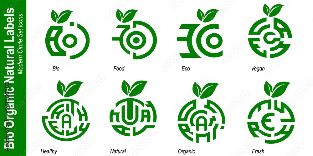 Modern Circle Logo Bio Natural Organic Labels icons Set. Bio Healthy foods illustration background. Modern Circle Logo Bio Natural Organic Labels icons Set. Bio Healthy foods illustration background.
