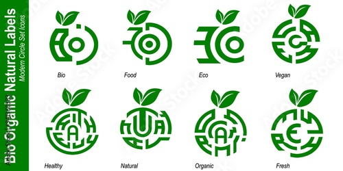 Modern Circle Logo Bio Natural Organic Labels icons Set. Bio Healthy foods illustration background.