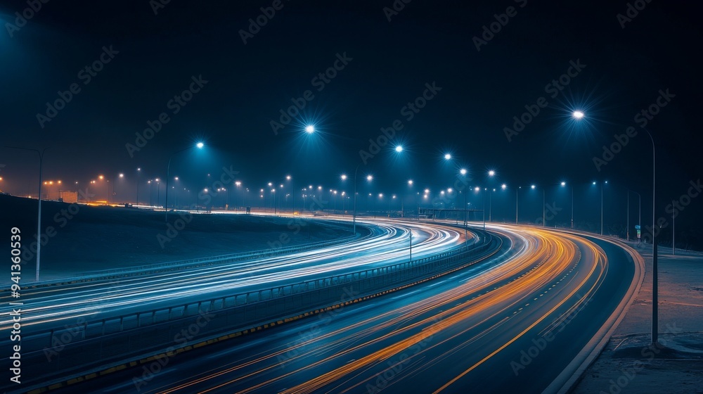 A dramatic image of a well-lit highway with streetlights creating a line of light along the road, with light trails from speeding cars. A dramatic image of a well-lit highway with streetlights creating a line of light along the road, with light trails from speeding cars.