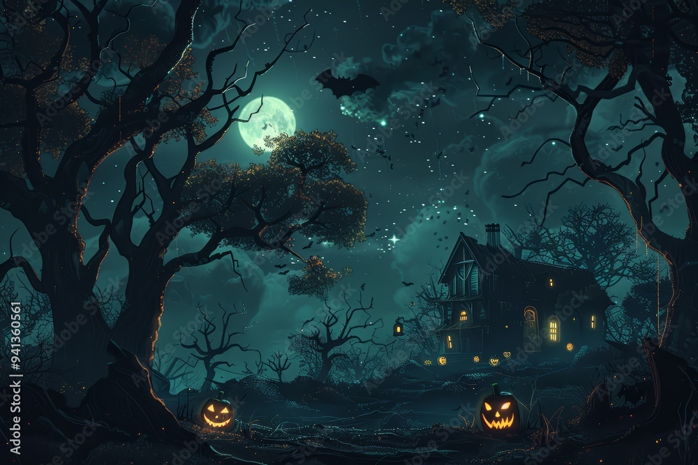 Scary Halloween landscape. Dark forest at night with a haunted house and spooky pumpkins. Halloween season, lonely house or castle, horror concept. Bats in the sky at full moon. Scary Halloween landscape. Dark forest at night with a haunted house and spooky pumpkins. Halloween season, lonely house or castle, horror concept. Bats in the sky at full moon.