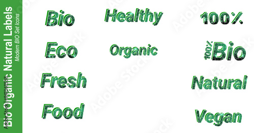 Modern Bio Natural Organic Labels, Disco lights design icons Set. Bio Healthy foods illustration background.