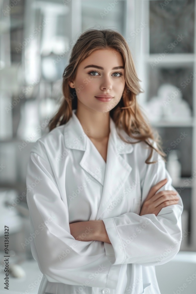 A woman wearing a lab coat stands with her arms crossed, ready for a task or conversation A woman wearing a lab coat stands with her arms crossed, ready for a task or conversation