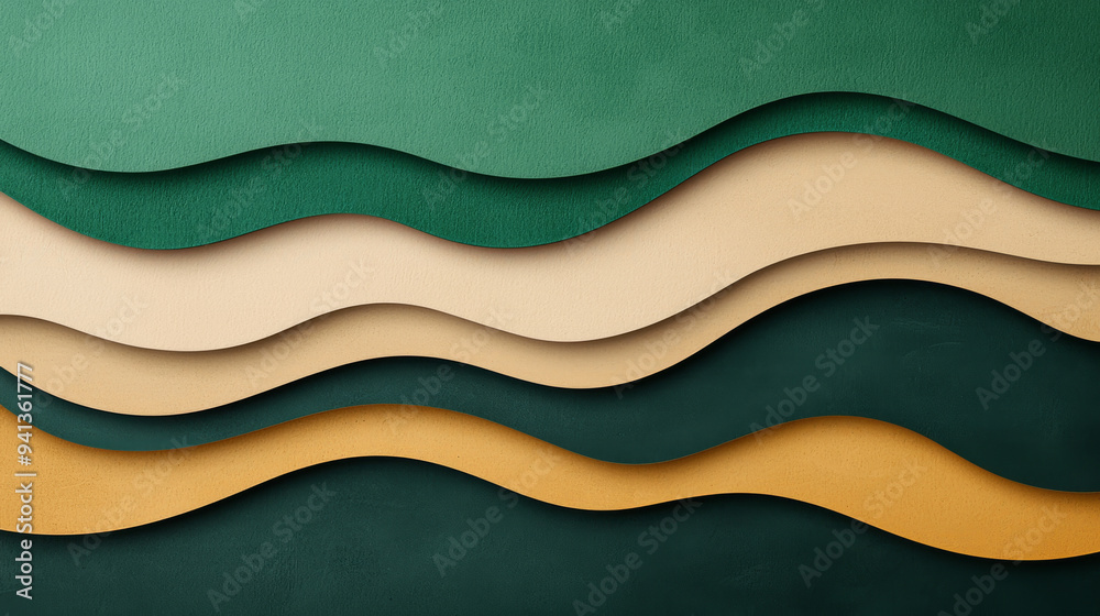 Textured waves of green, beige, and gold create harmonious and calming background. layered design evokes sense of depth and tranquility. Textured waves of green, beige, and gold create harmonious and calming background. layered design evokes sense of depth and tranquility.